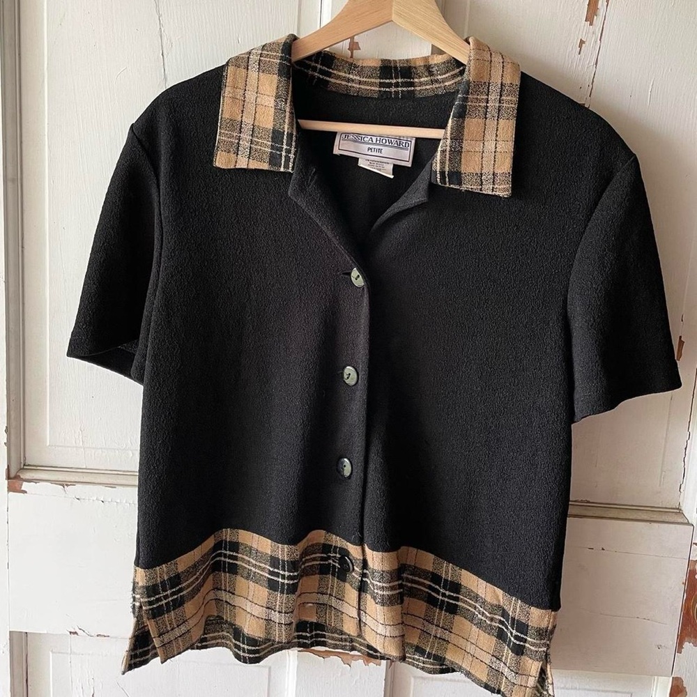 Vintage Jessica Howard Black Short Sleeve Button Down with Plaid Details - Picture 2 of 4